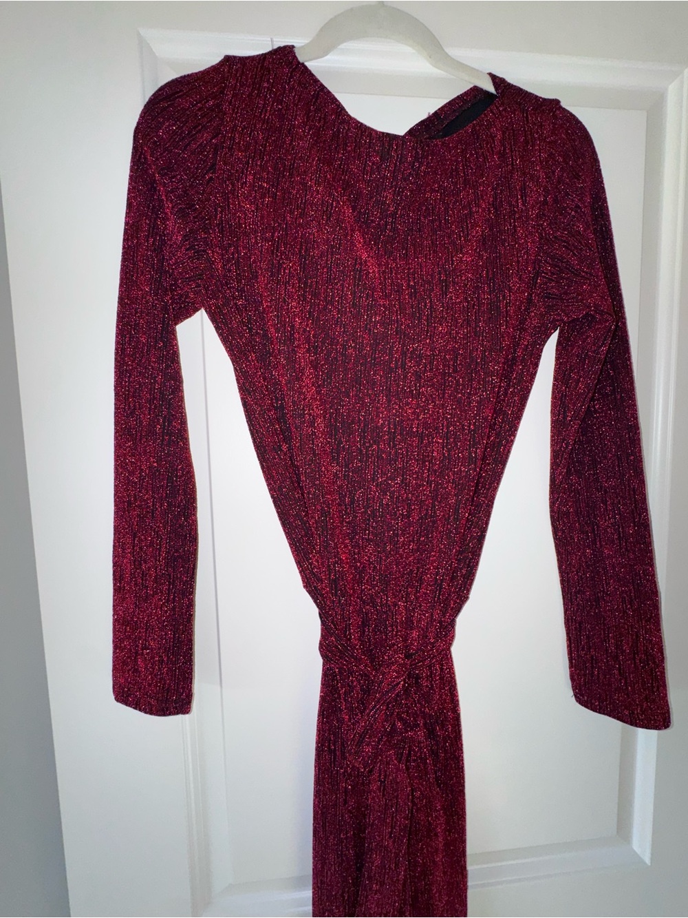 Amazon Burgundy Metallic Long-Sleeve Knot-Front Dress